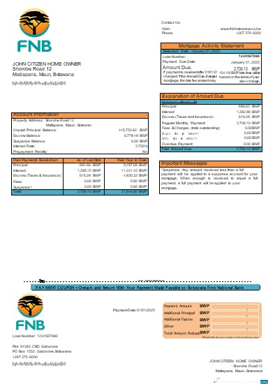 Download Botswana First National Bank mortgage statement scr Photoshop template